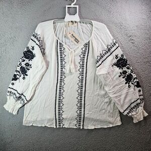 NEW Savanna Jane Embroidered Top Blouse Women 2X Tie Neck‎ Black White